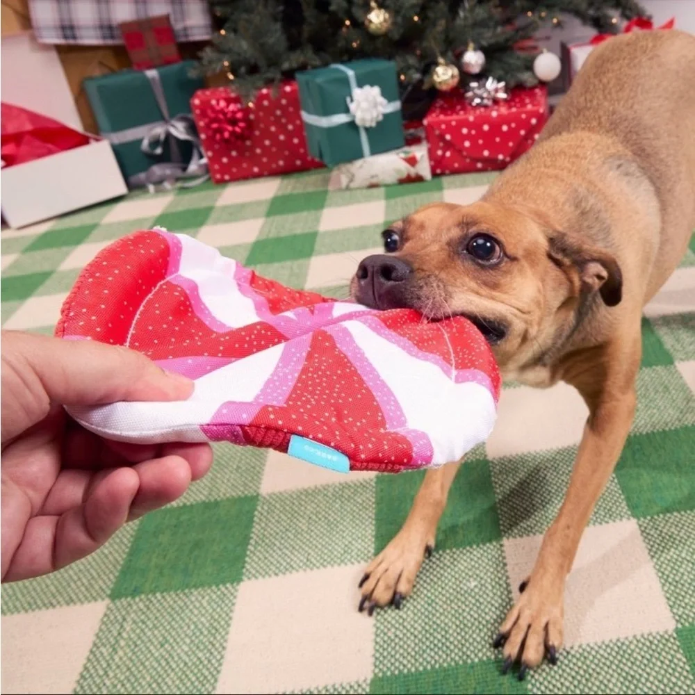 BARK Holiday Santas Workchomp Peppermint Fetch Dog Plush Toy, All dog sizes- Nwt